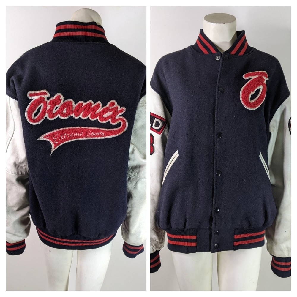 Rare Vintage Varsity Bomber L Otomix Extreme Sports Distressed Wool Leather